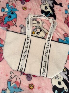 Victoria's Secret Cream Sherpa Tote with Black-Trim Logo Straps